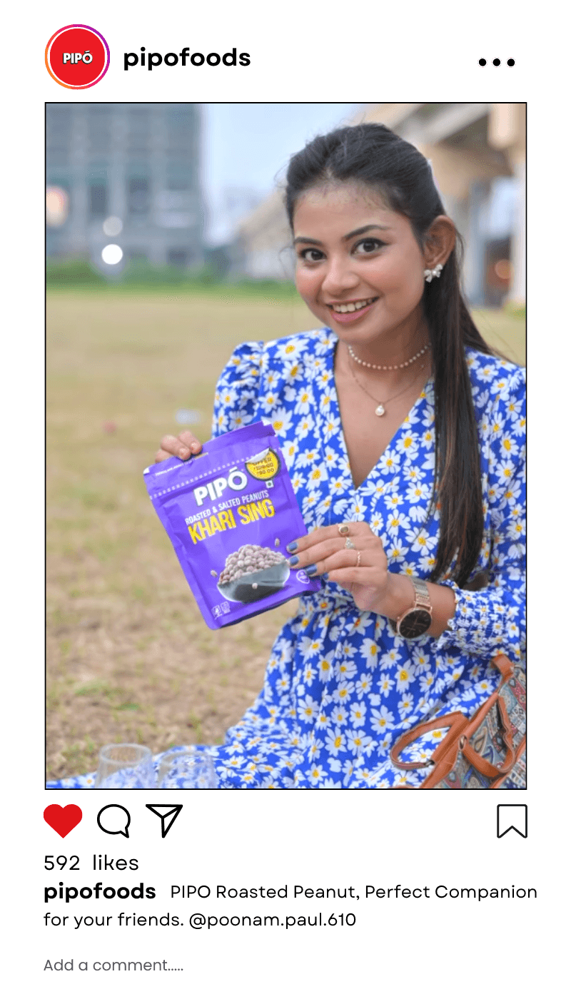 Mvisionary partners with influencers to boost Pipo Foods' brand, featuring a woman enjoying a picnic with Pipo peanuts.@poonam.paul.610