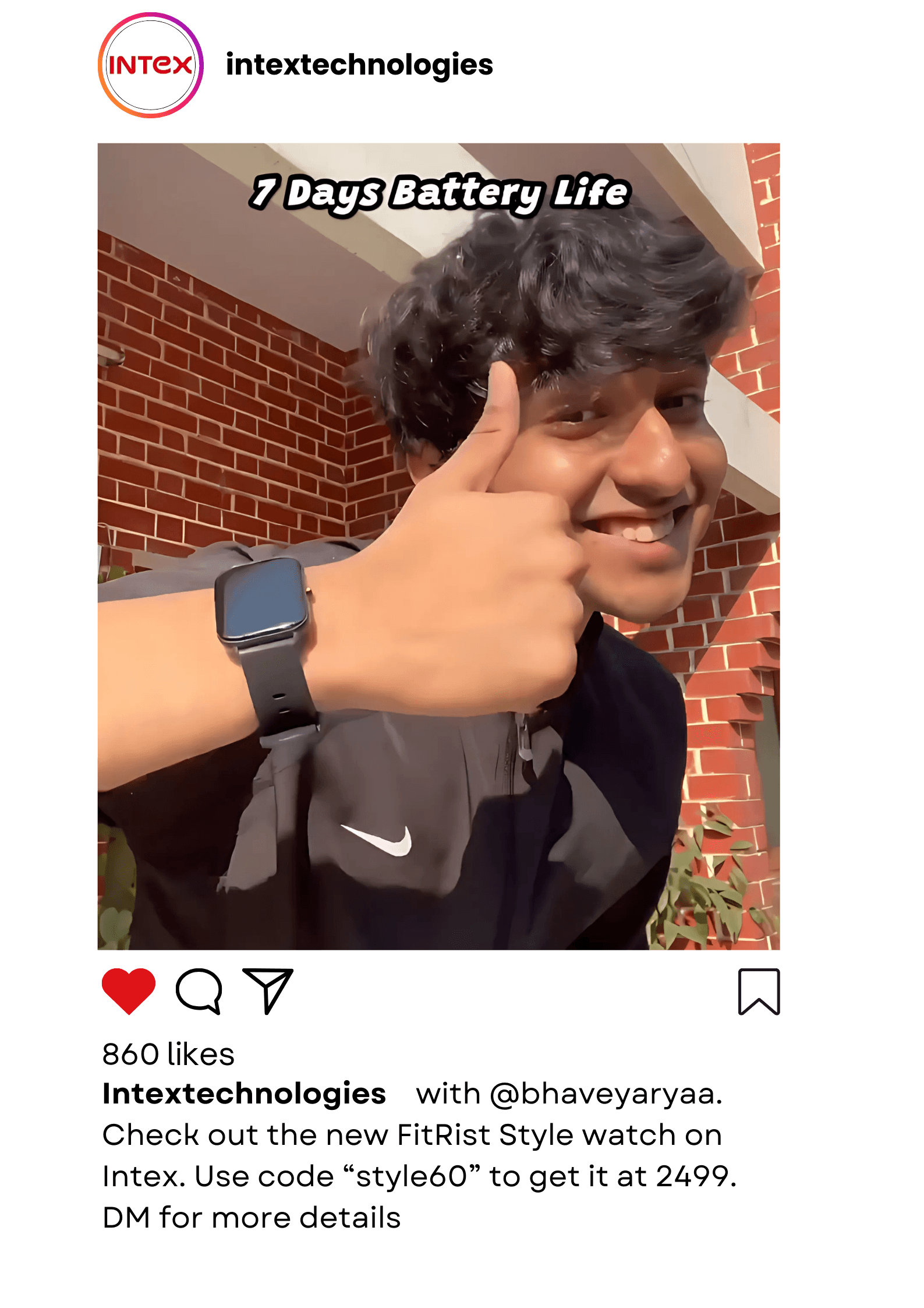 Video shoot for Intex smartwatch marketing, featuring influencer showcasing product with 7-day battery life in outdoor setting.