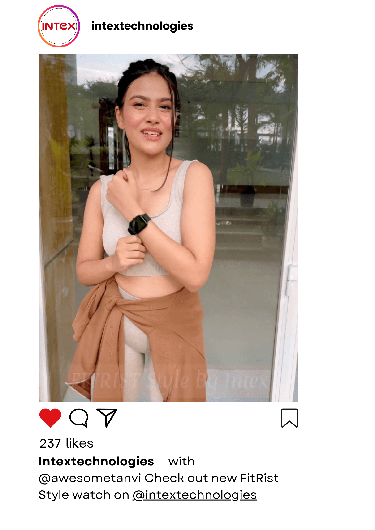 Intex smartwatch video shoot featuring a stylish influencer, highlighting product marketing and modern fitness lifestyle.