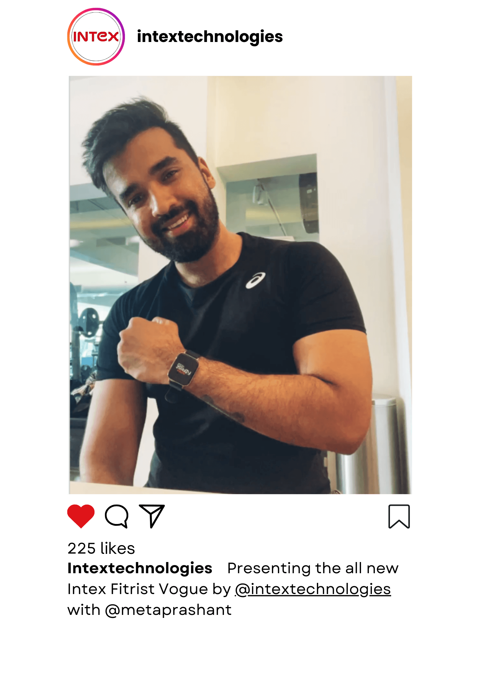 Intex smartwatch video shoot featuring a fitness influencer flexing at the gym, showcasing product marketing and style.