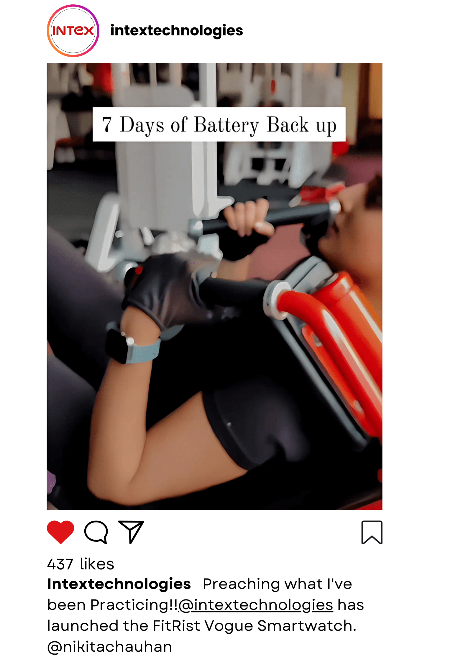 Intex smartwatch video shoot featuring a fitness influencer in the gym, highlighting product marketing and battery backup.