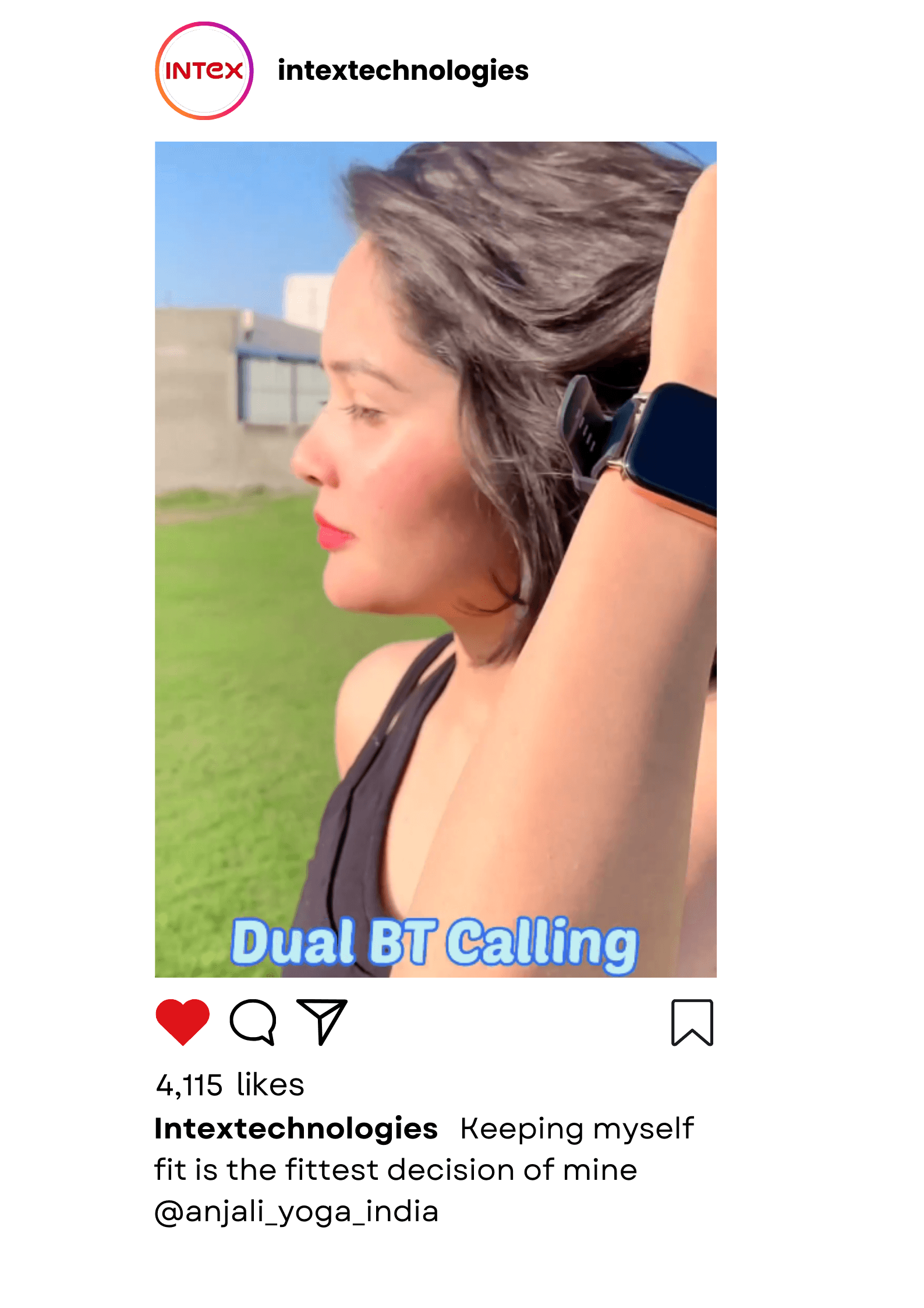 Influencer in video shoot showcasing Intex smartwatch with Dual BT Calling feature, highlighting product marketing outdoors.