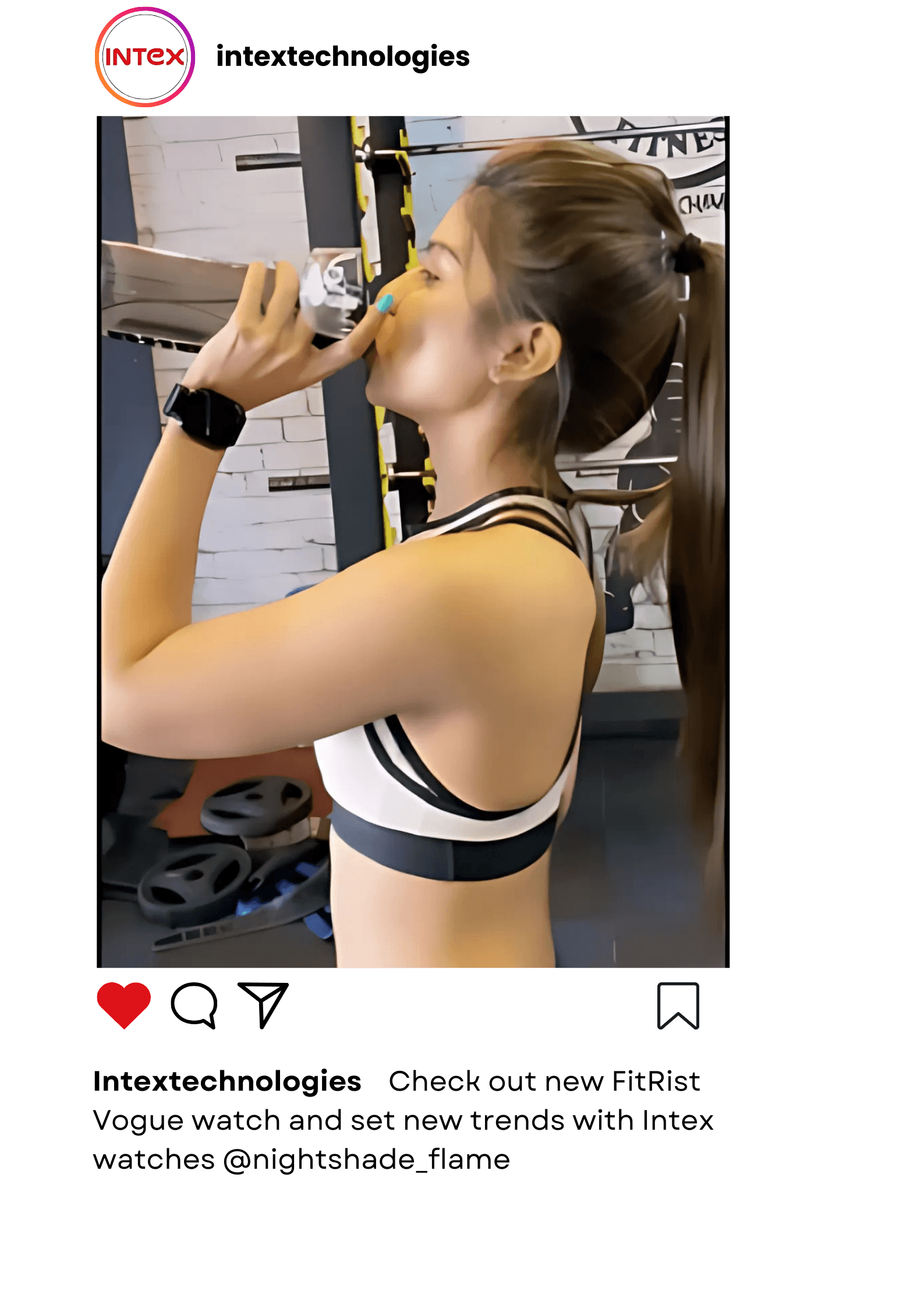 Fitness influencer in video shoot showcasing Intex smartwatch in gym, highlighting product marketing and active lifestyle.