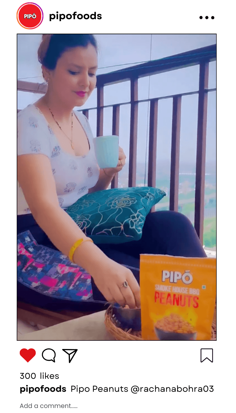 Mvisionary partners with influencers to boost Pipo Foods' brand, featuring a woman enjoying Pipo peanuts in her evening snacks.@rachnabohra
