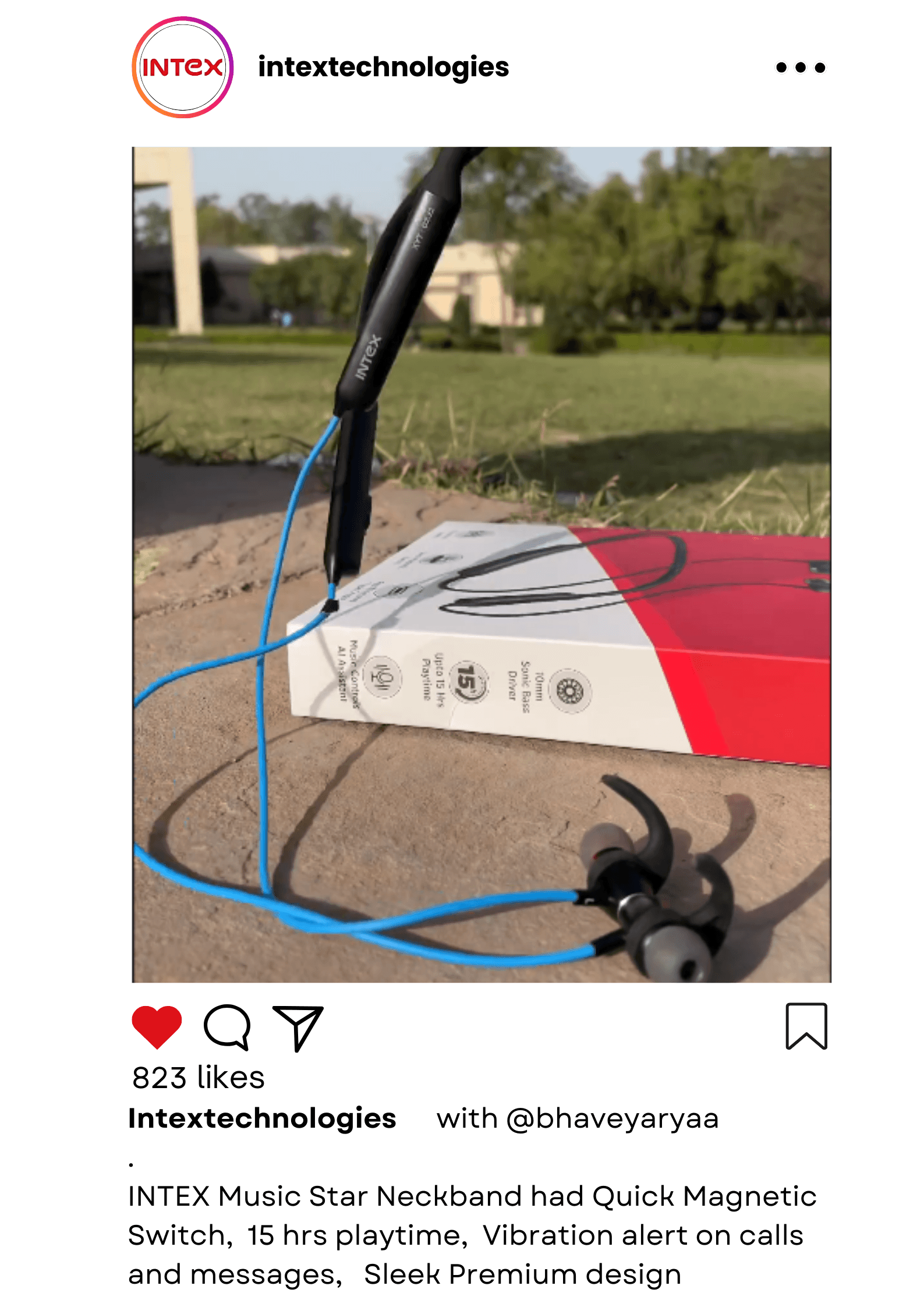 Intex wireless earphones placed on packaging during an outdoor video shoot for product marketing and branding