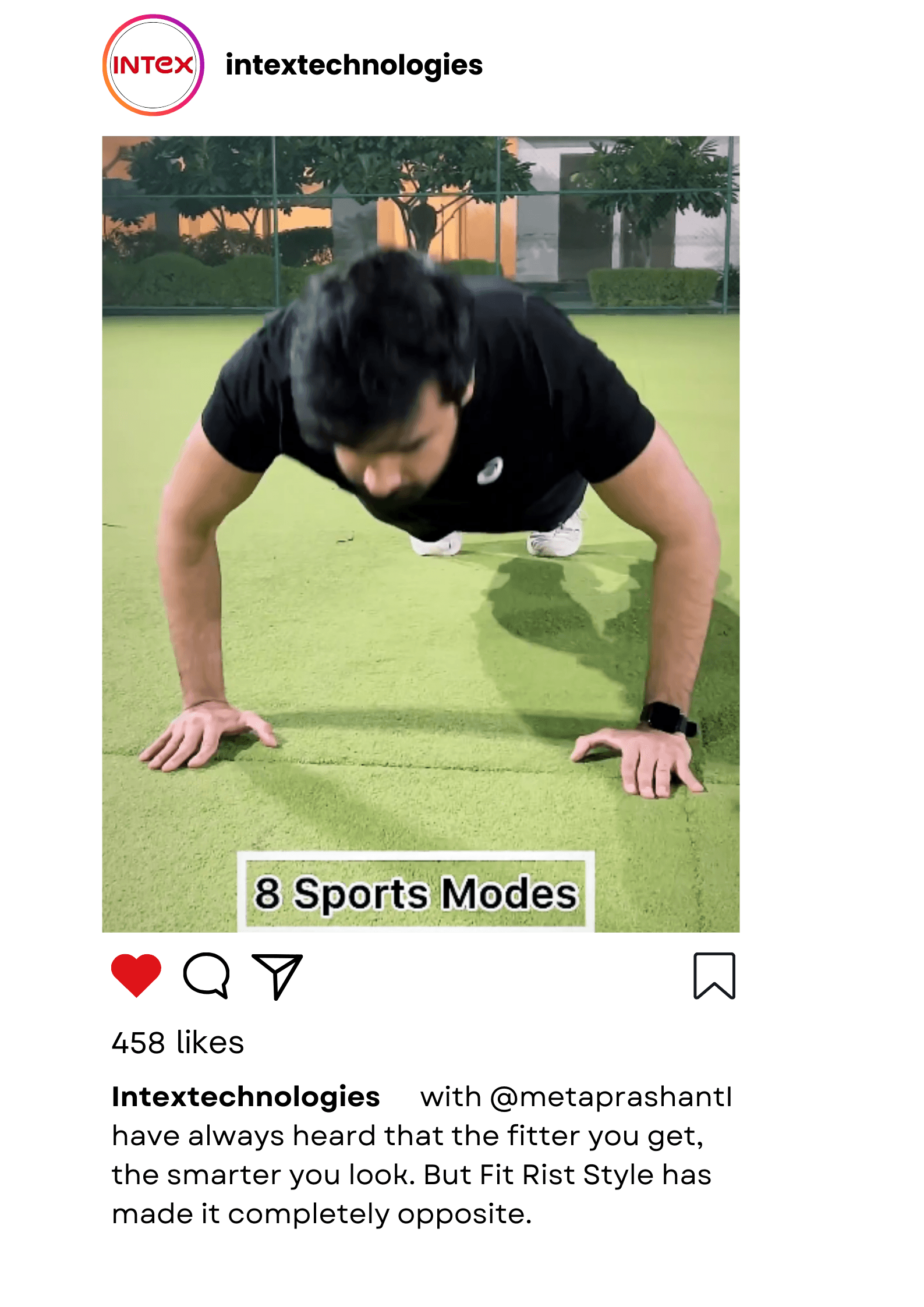 A fitness enthusiast does push-ups wearing an Intex smartwatch during a video shoot, showcasing the product's marketing appeal