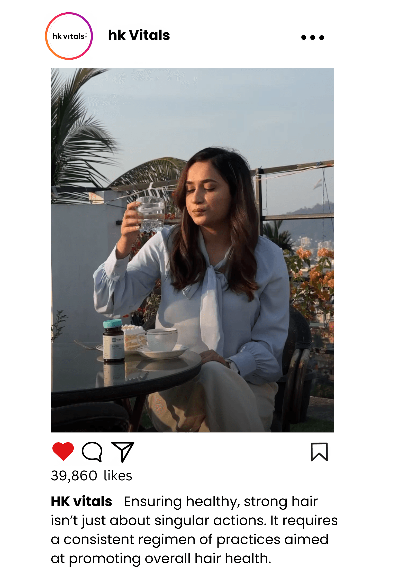 A video shoot of HK Vitals product showcasing a table with cake and a cup, product consuming by a person during for marketing.