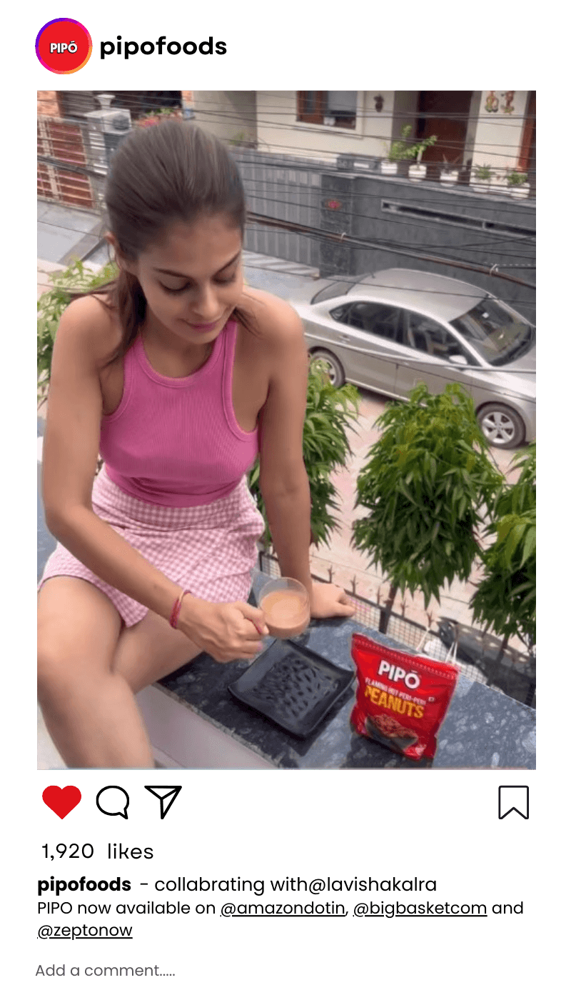Mvisionary partners with influencers to boost Pipo Foods' brand, featuring a woman enjoying Pipo peanuts in her evening snacks.@lavisha kalra